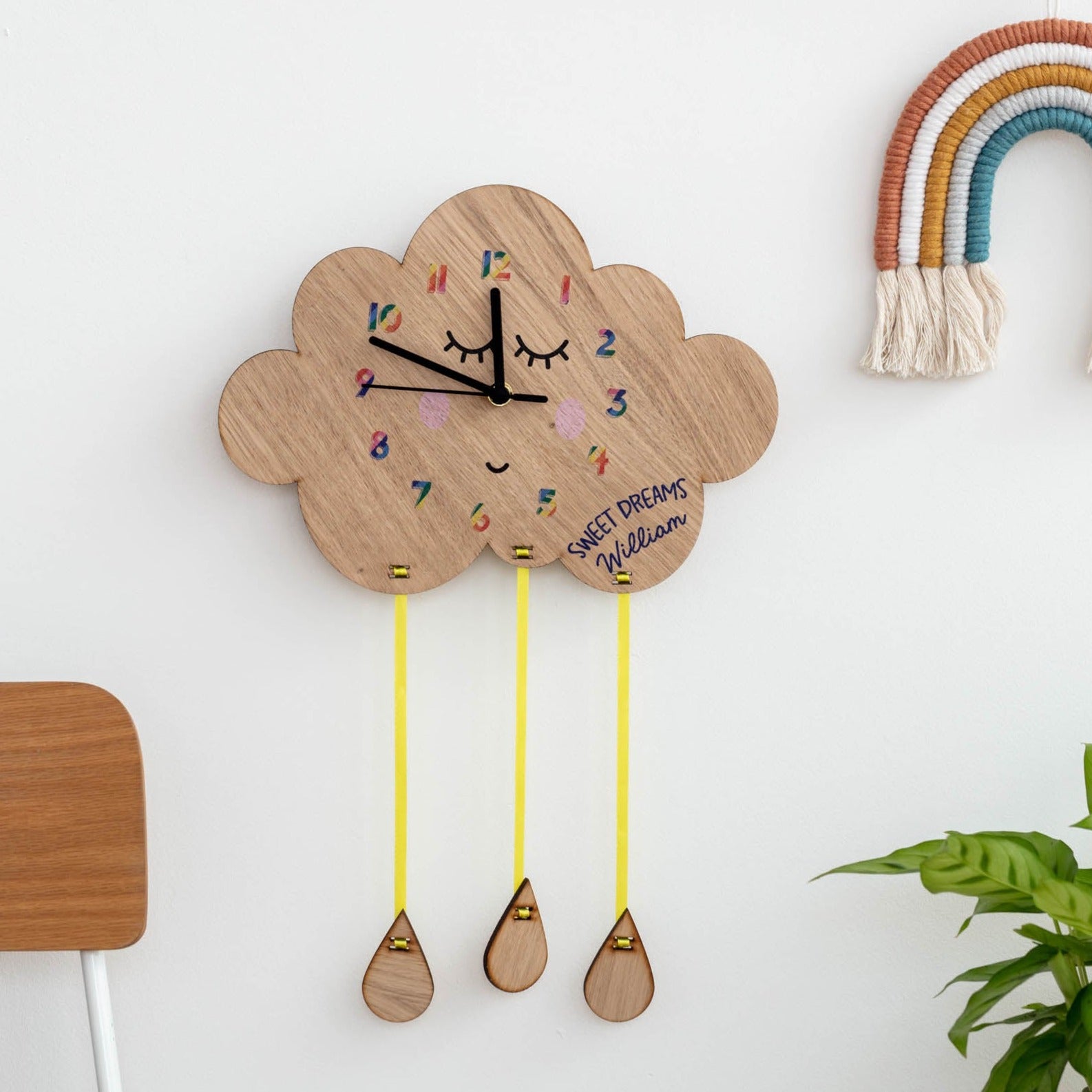 Children's Oak Wood Raindrops And Cloud Rainbow Clock