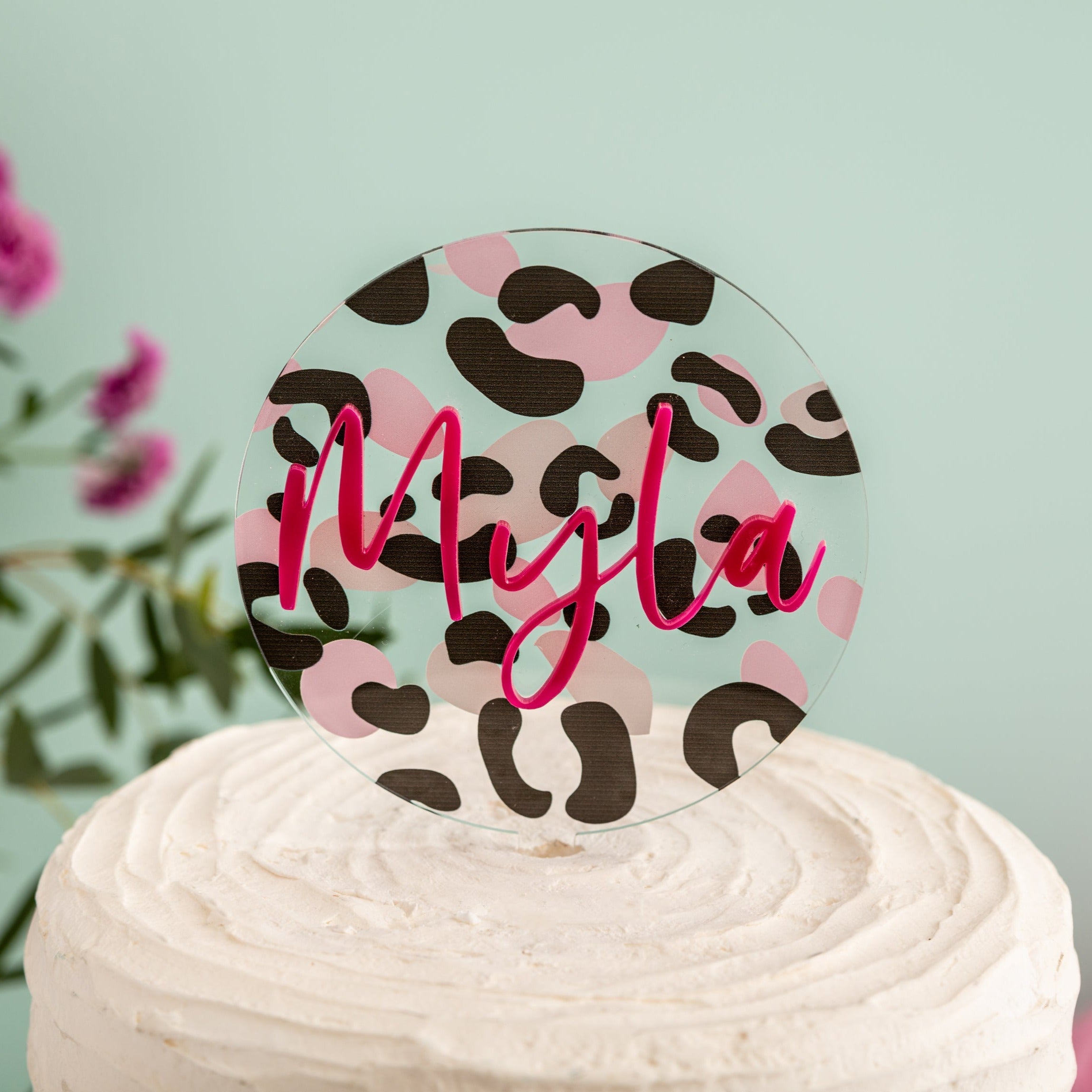 Leopard Print 3D Disc Cake Topper with Hot Pink Text