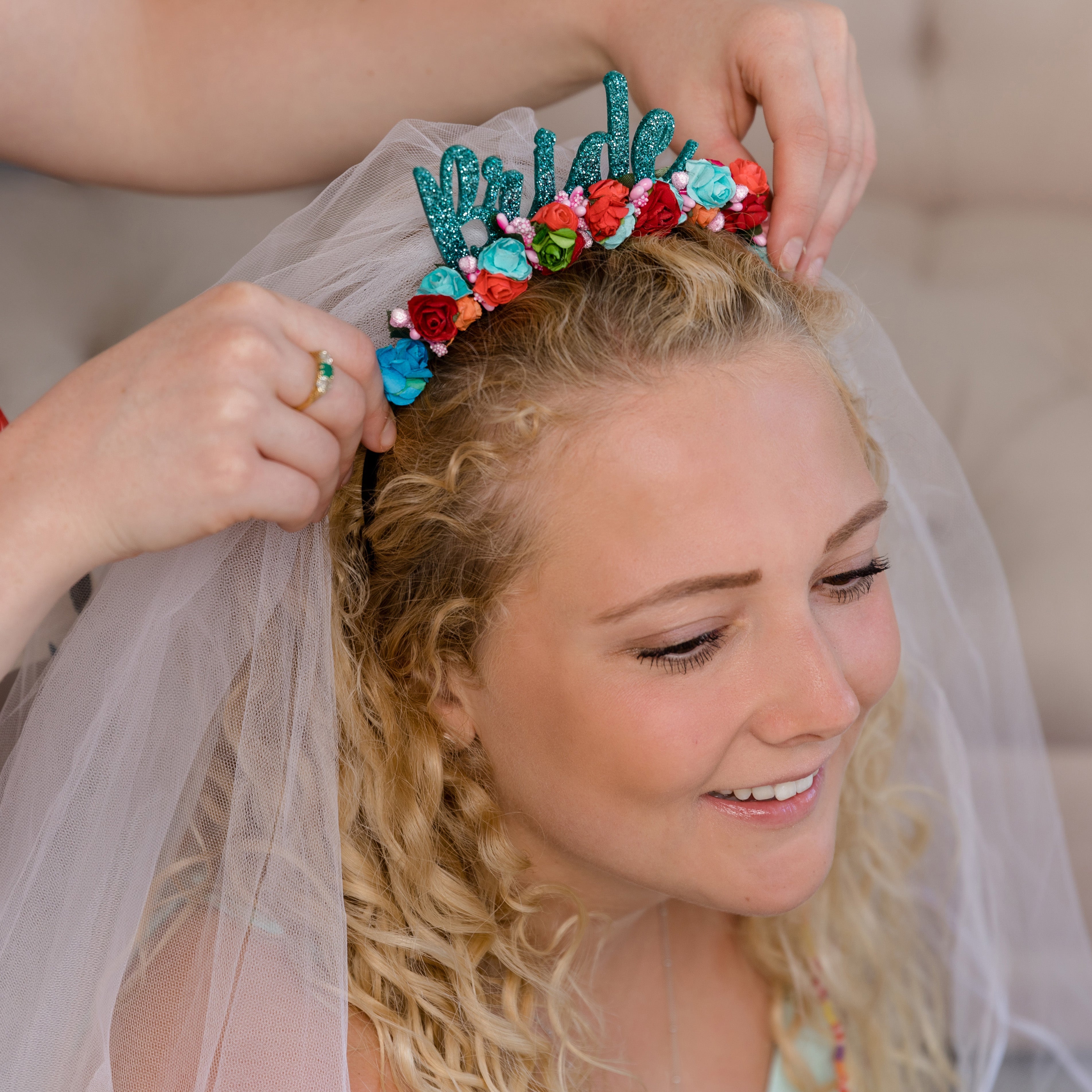 Colourful Flower Bride Headband With Detachable Veil