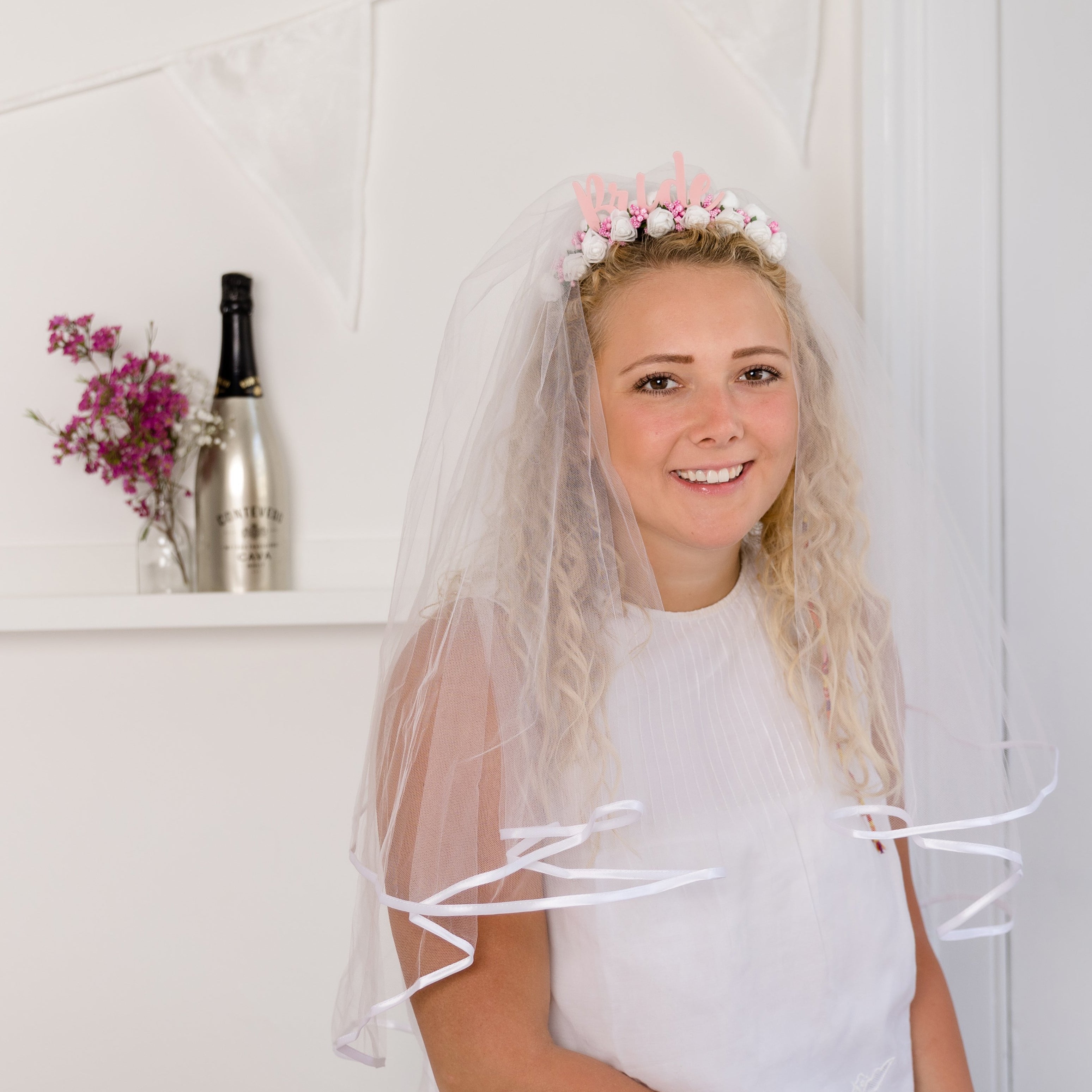 White Floral Bride Headband With Detachable Veil