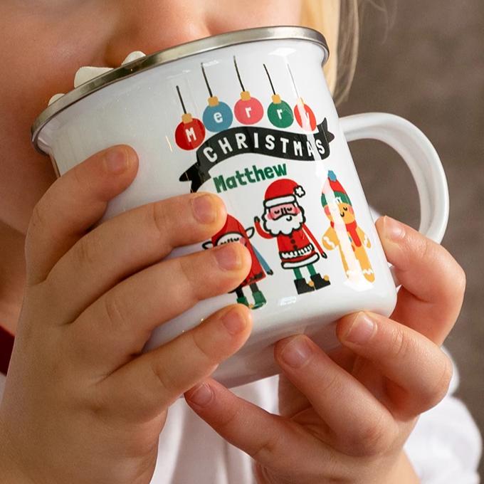 Personalised Children's Christmas Characters Enamel Mug - Funky Laser