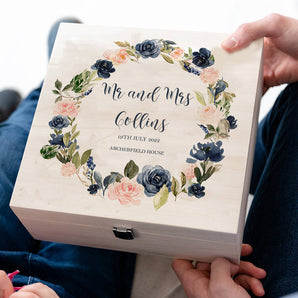 Blush Pink And Navy Roses Wooden Wedding Keepsake Box