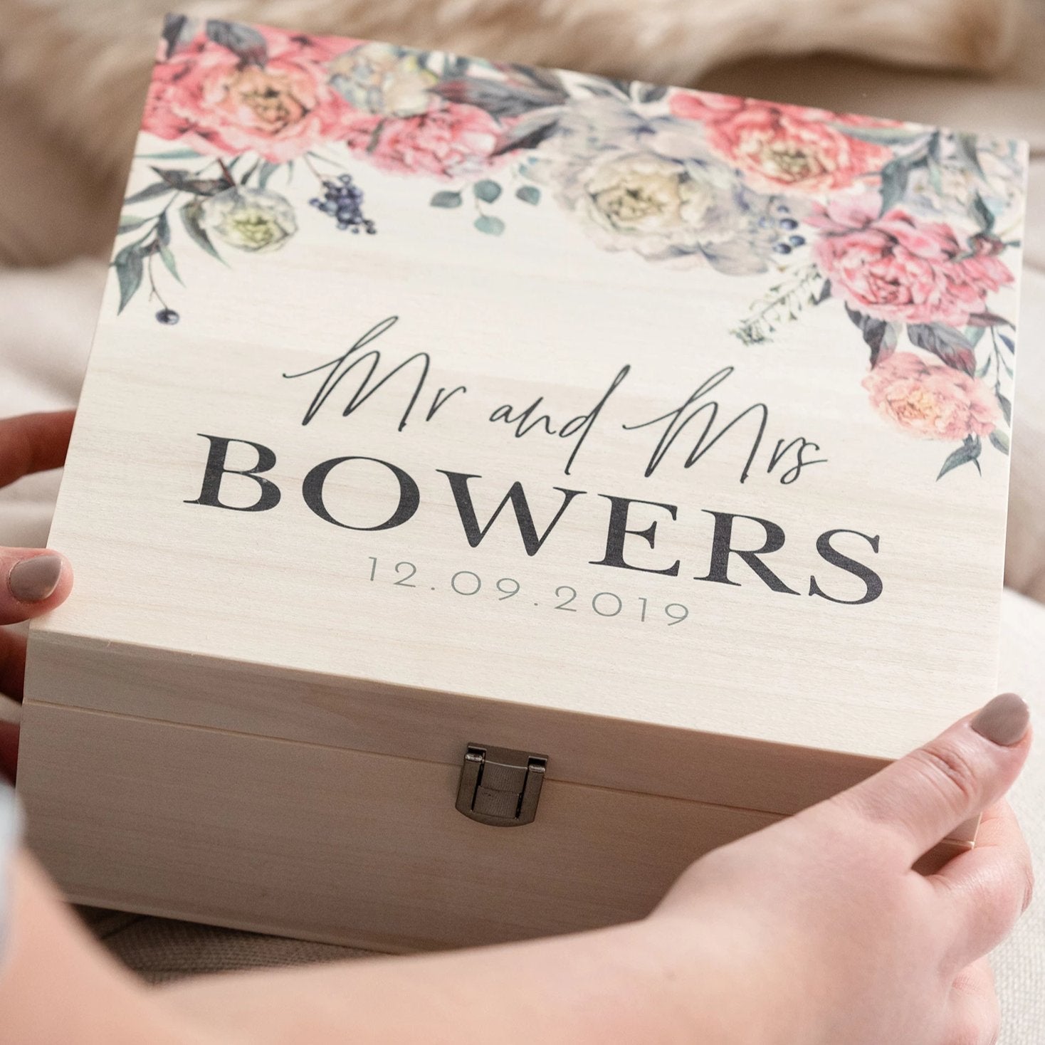 Peony Wedding Couples Keepsake Wooden Gift Box - Funky Laser