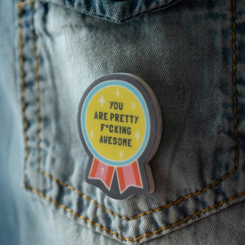 You Are Awesome Blue And Yellow Rosette Affirmation Pin