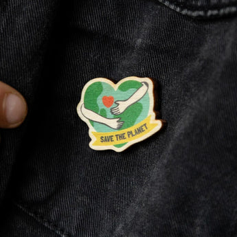 Save The Planet Hugging World Heart Wooden Pin