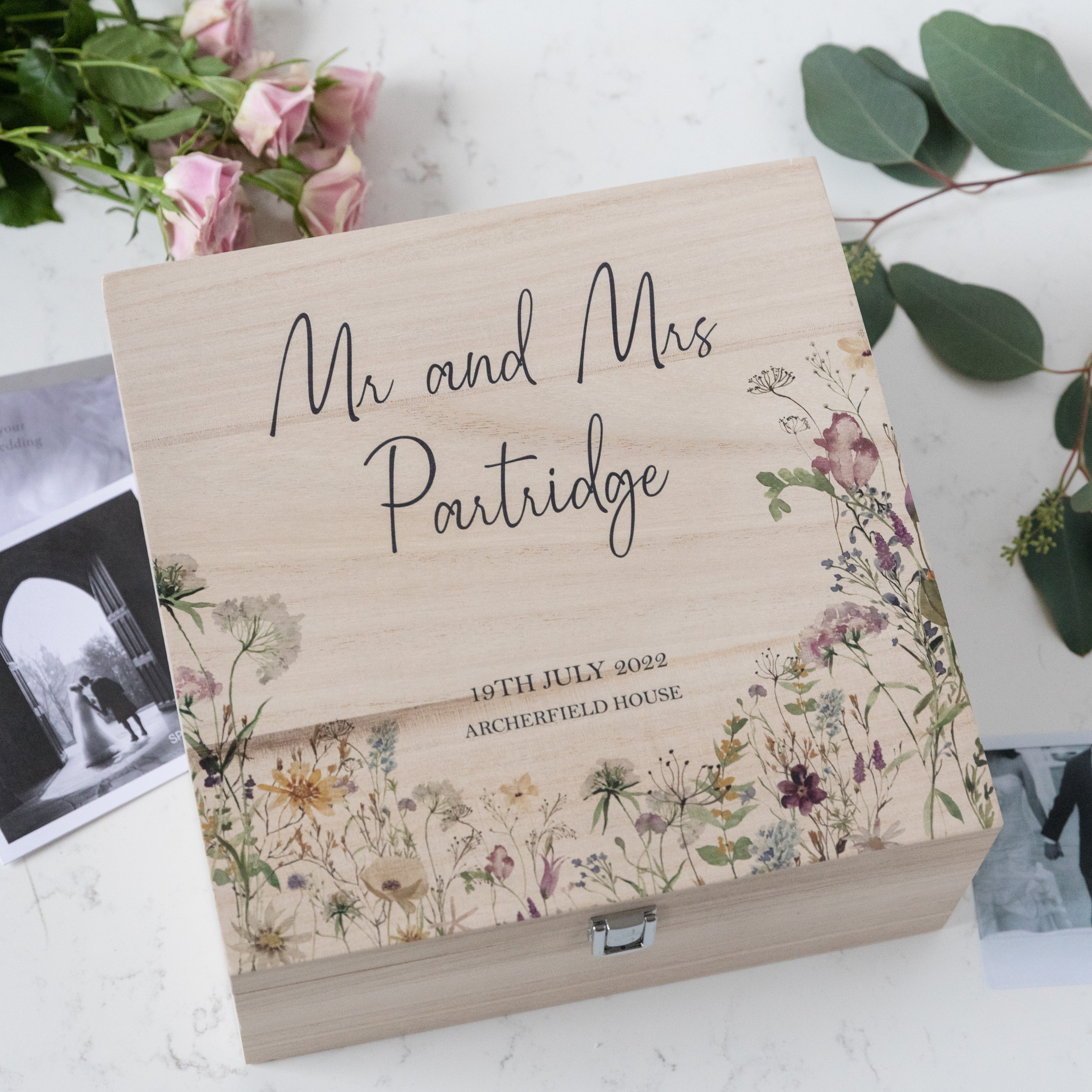 Personalised Wildflowers Wooden Wedding Keepsake Box