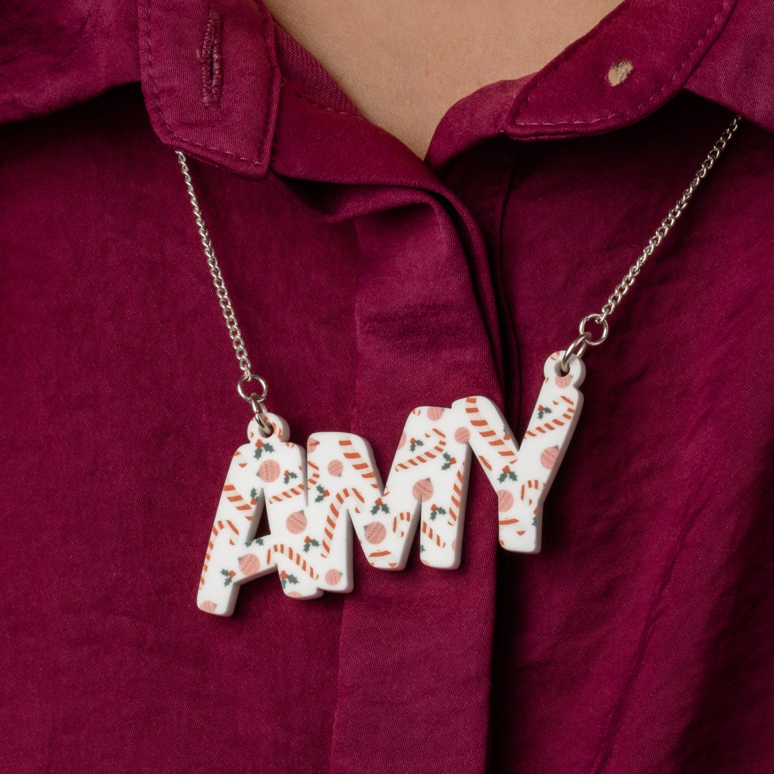 Personalised Festive Christmas Candy Cane Name Necklace