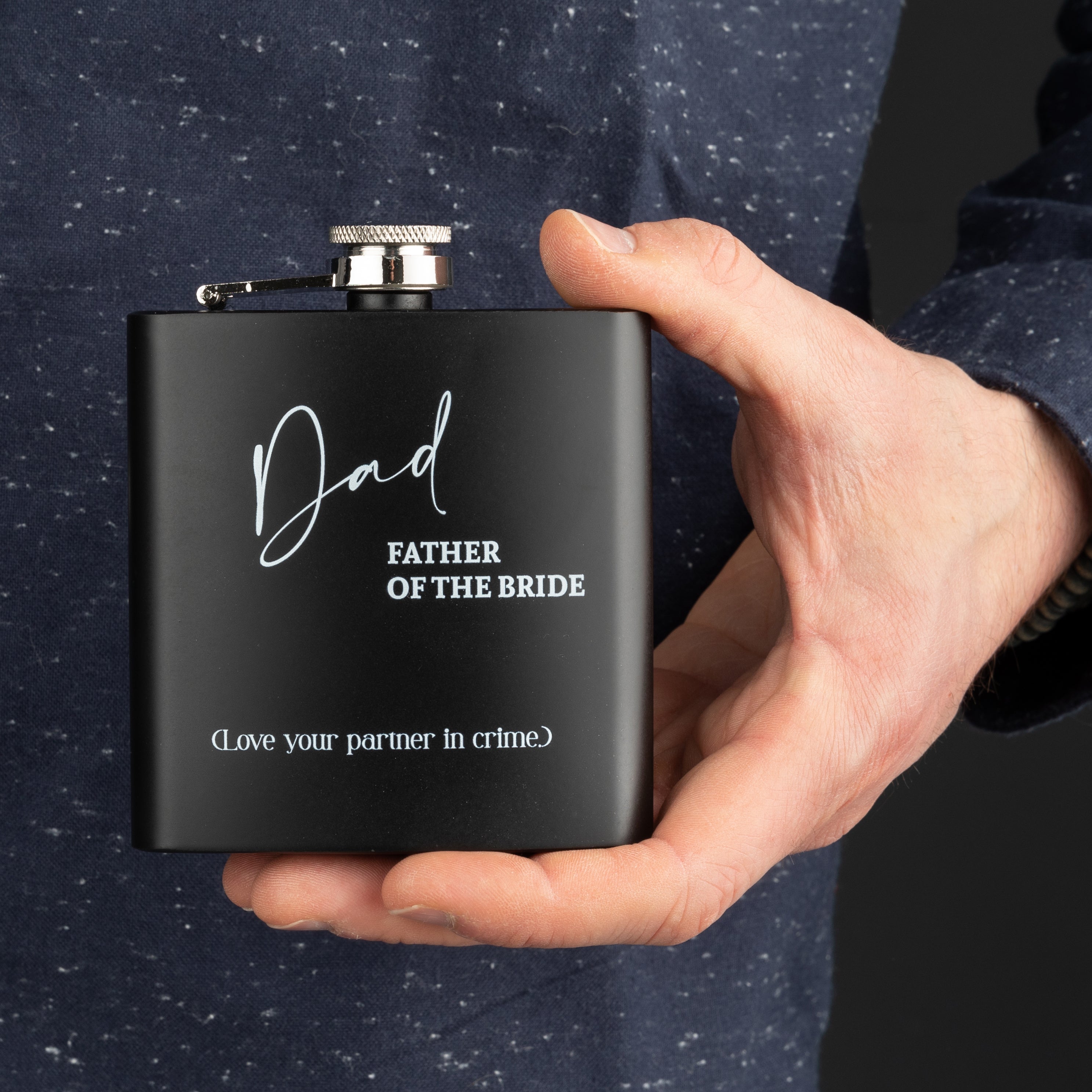 Personalised Father Of The Bride Black Hip Flask