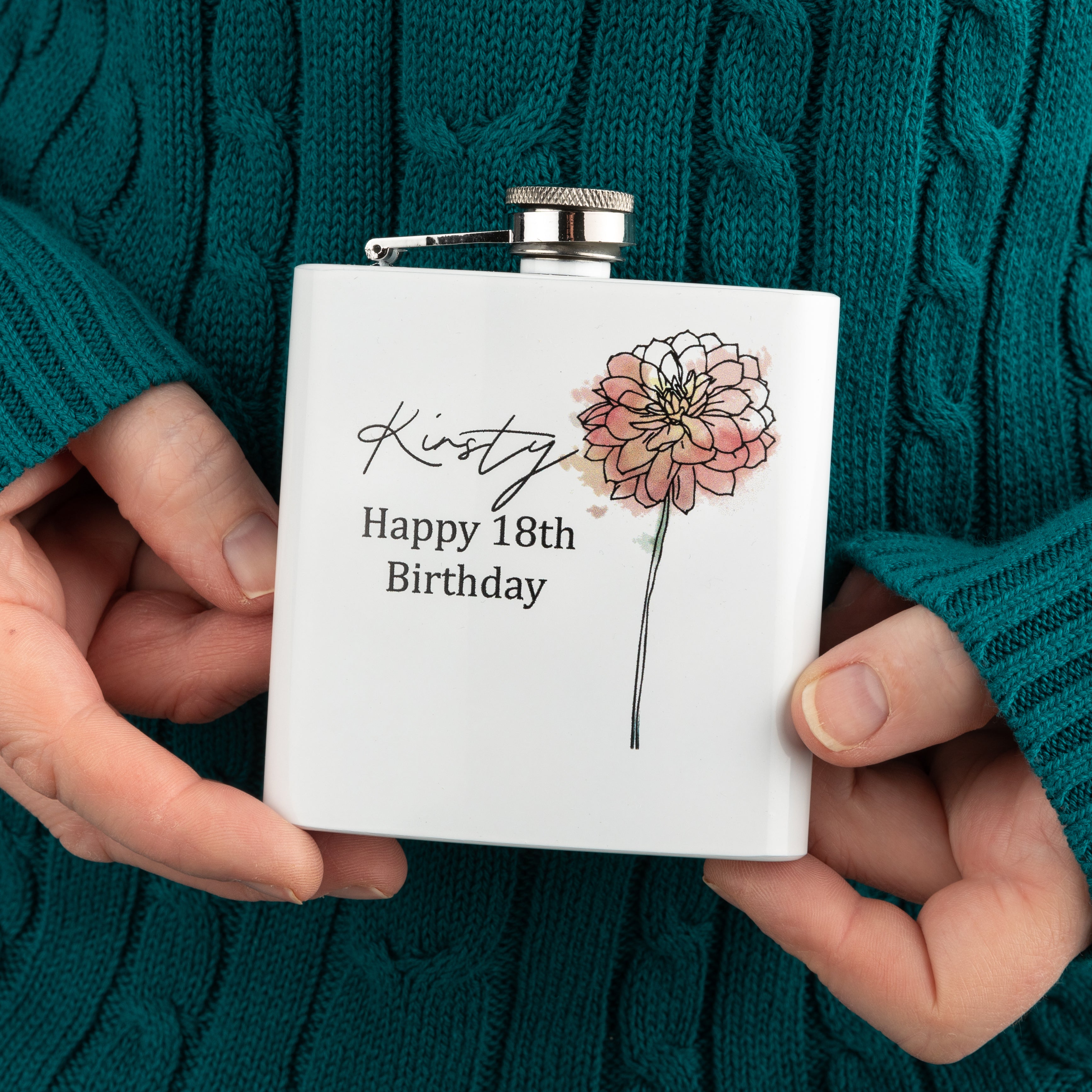 Personalised Birth Flower White Hip Flask