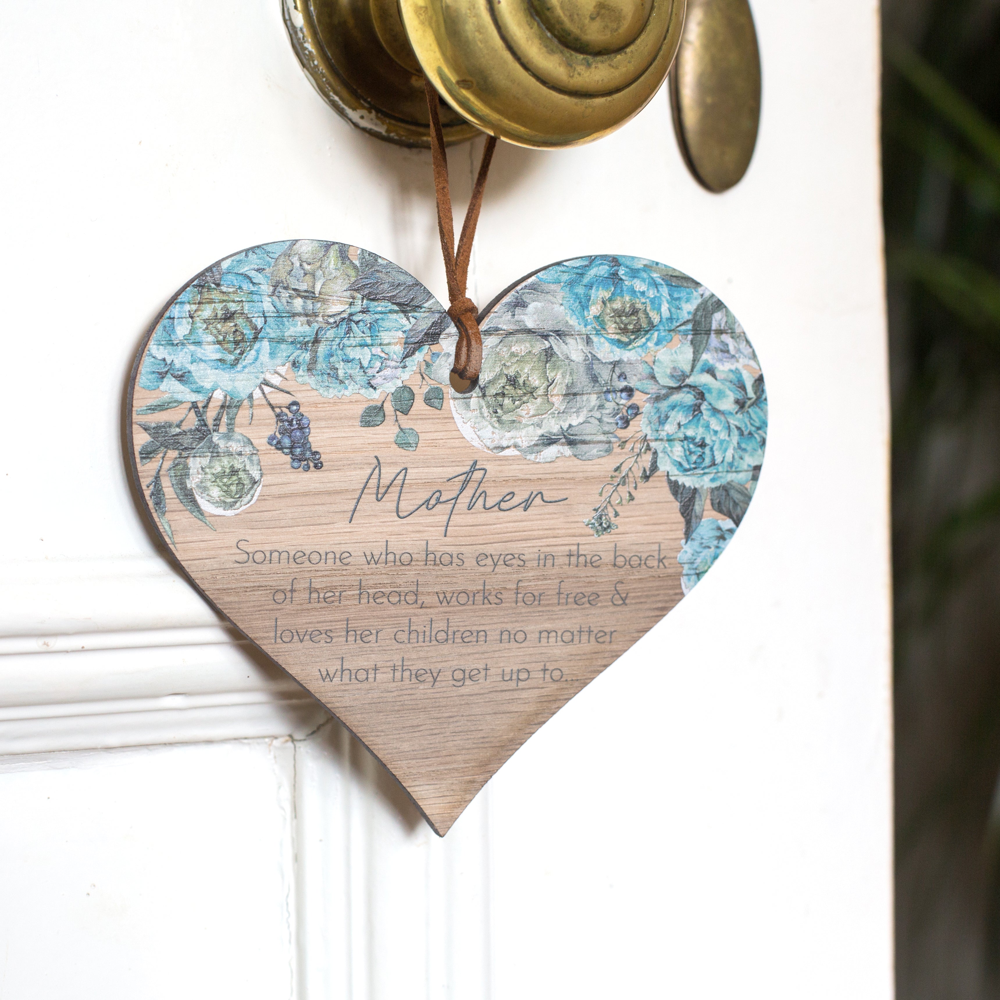 Blue Peony Mother Mini Heart Oak Wall Hanging