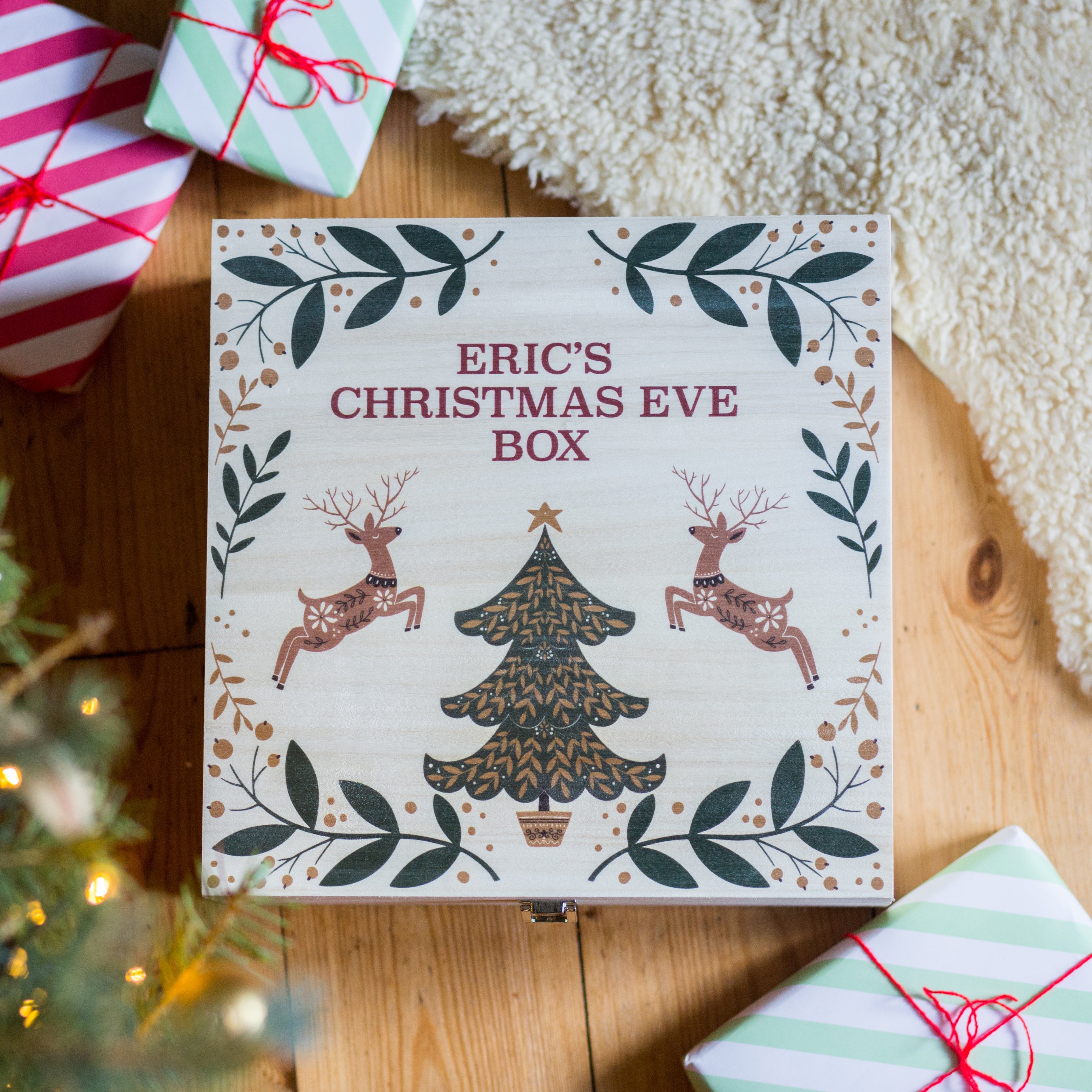 Personalised Reindeer And Tree Christmas Eve Wooden Box