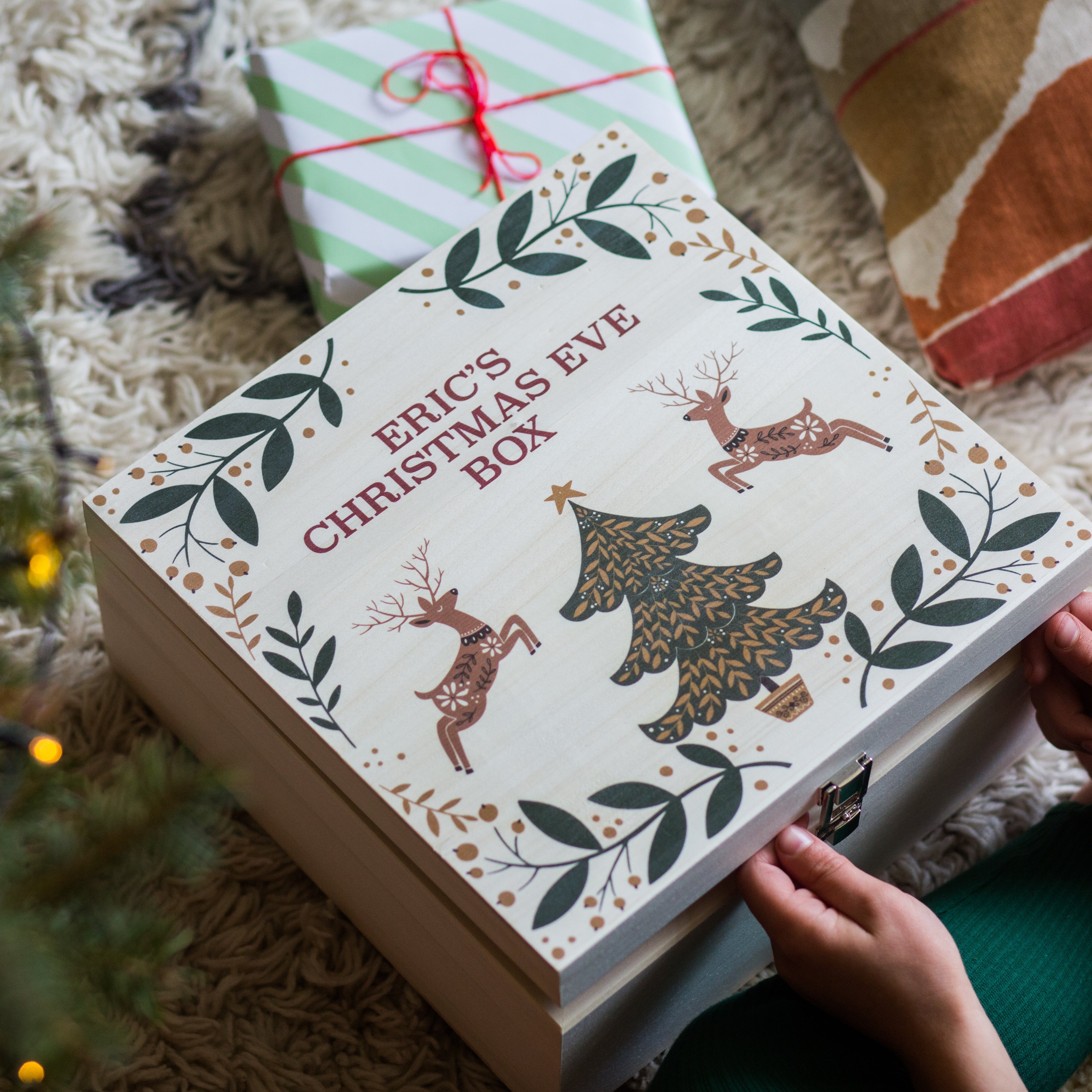 Personalised Reindeer And Tree Christmas Eve Wooden Box