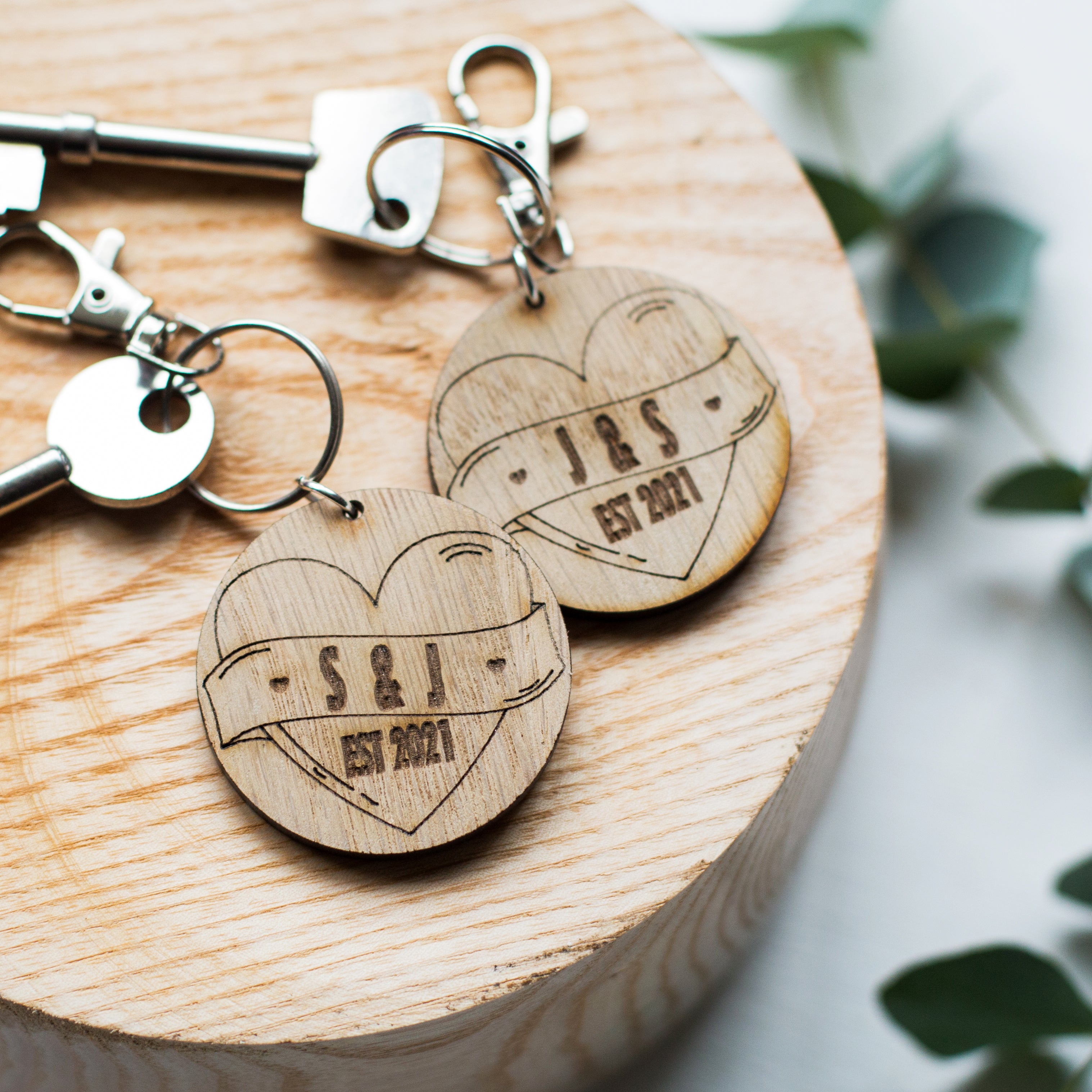 Personalised Love Heart Wooden Oak Token Keyring Set