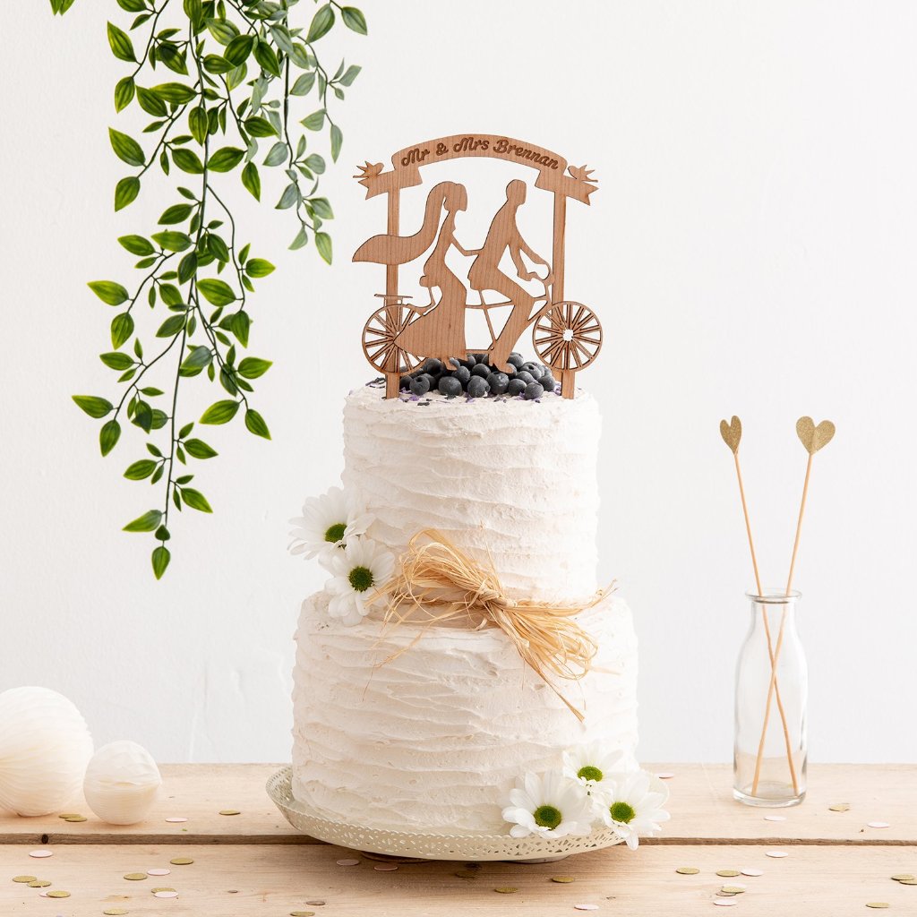 Mr And Mrs Wooden Tandem Bike Wedding Banner Cake Topper