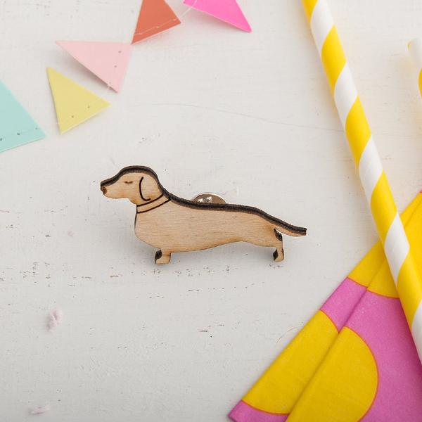 Little Wooden Sausage Dog Brooch Pin