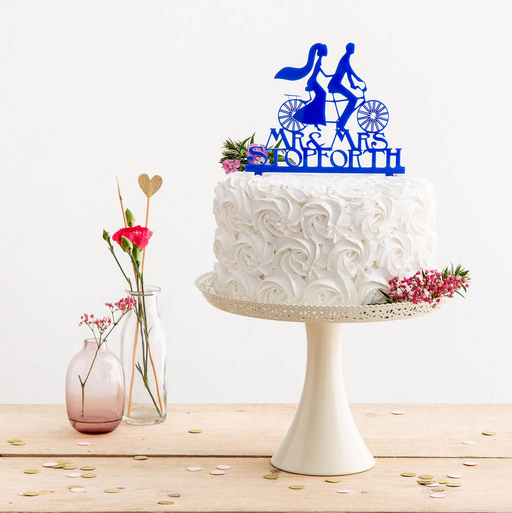 Mr And Mrs Personalised Tandem Bike Wedding Cake Topper
