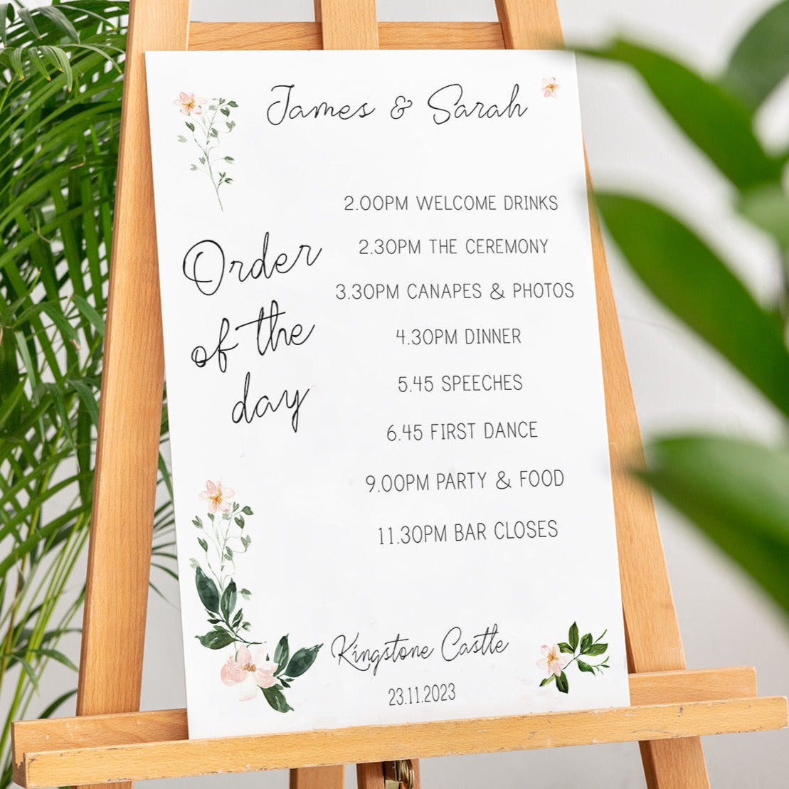 Floral Order Of The Day Wedding Sign In White Acrylic