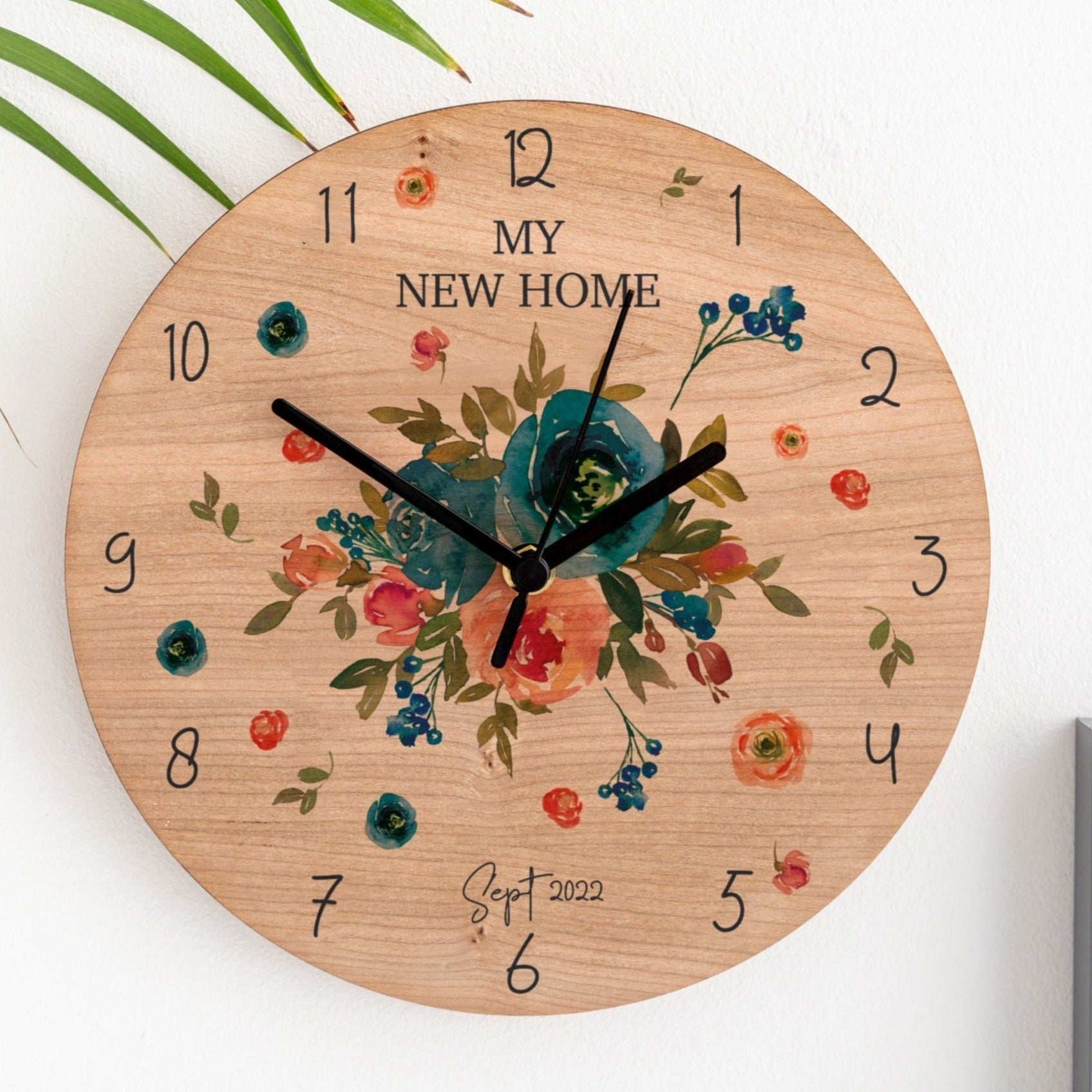 Personalised Peach And Navy Roses Cherry Wood Clock