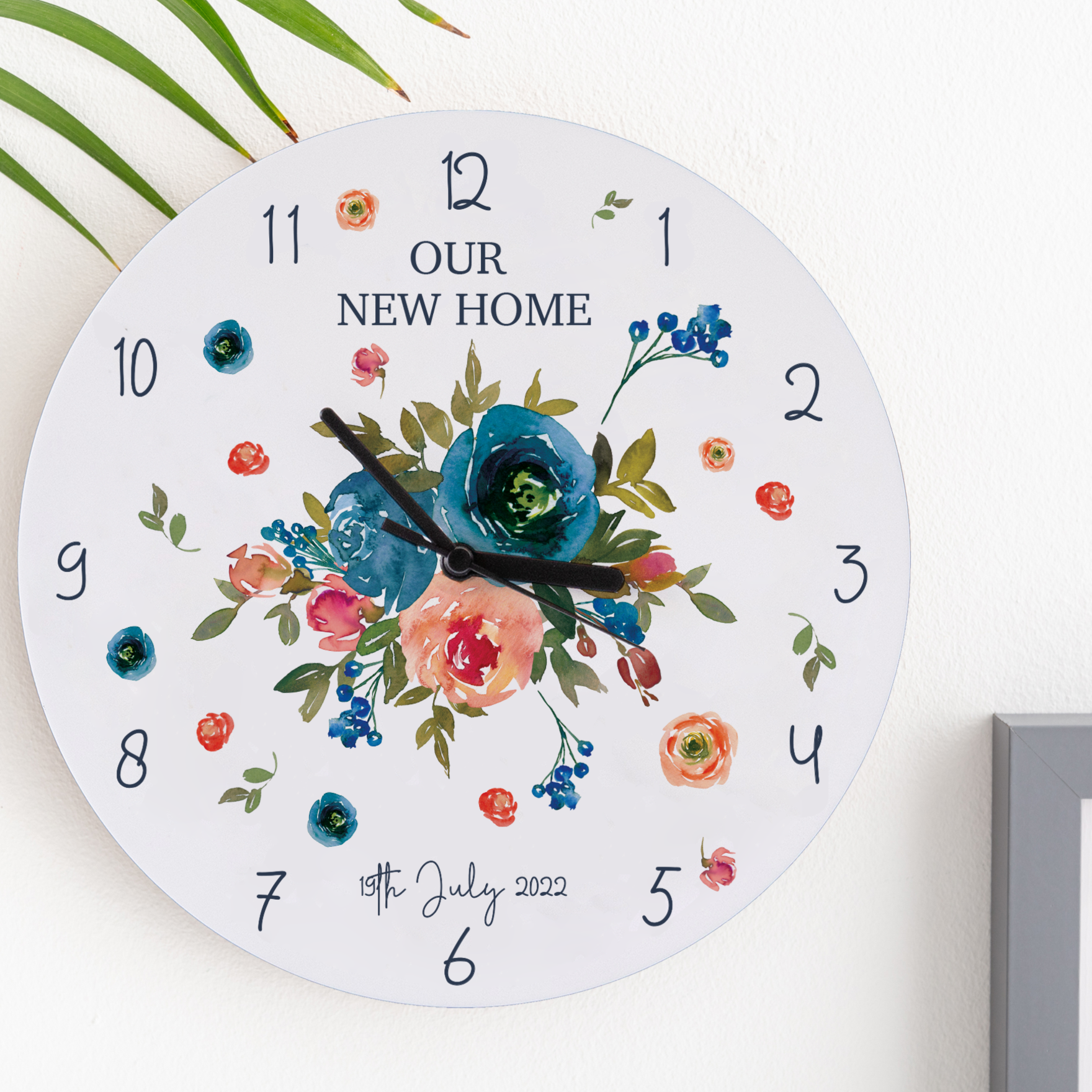 Personalised Peach And Navy Roses New Home Clock