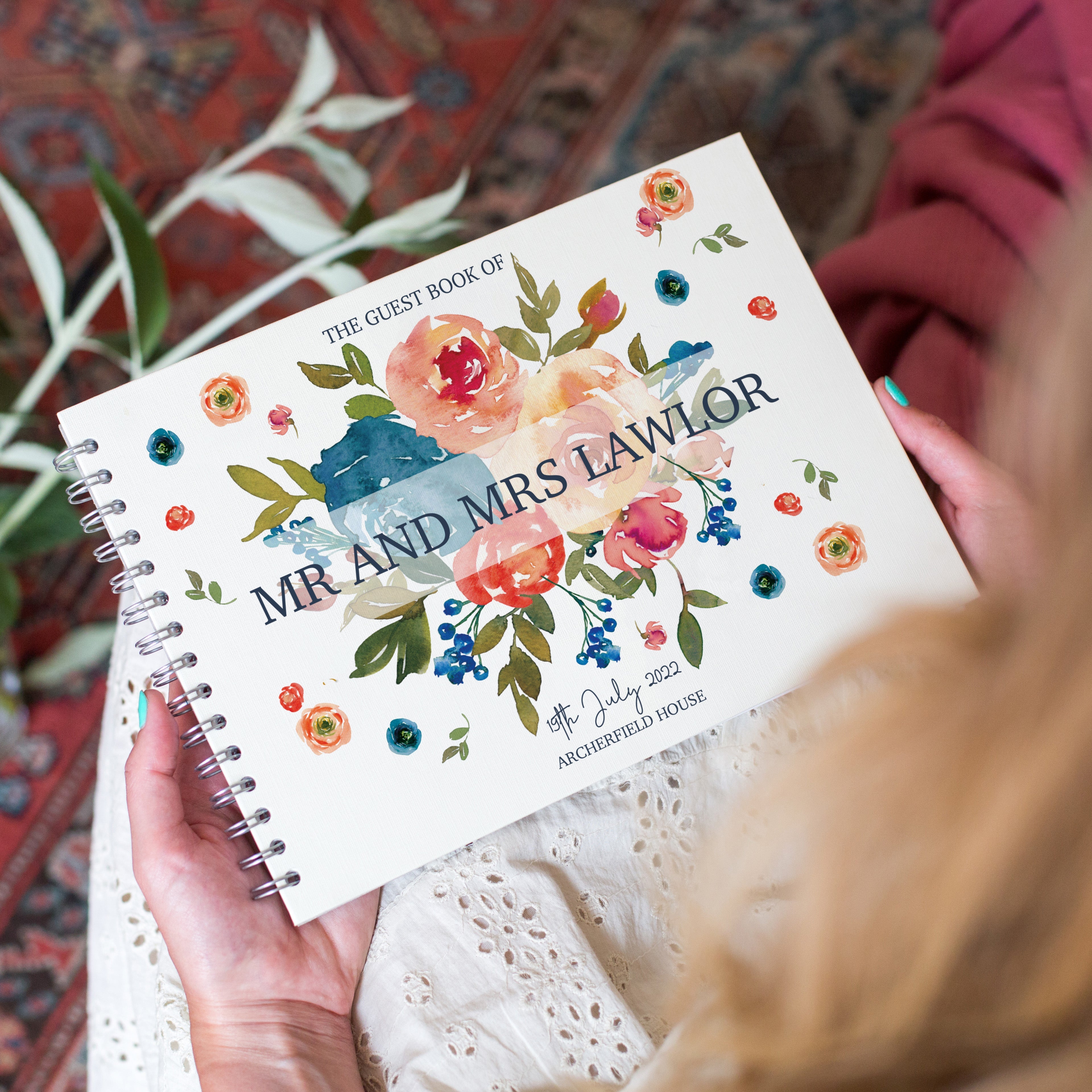 Personalised Peach And Navy Roses Wedding Guest Book