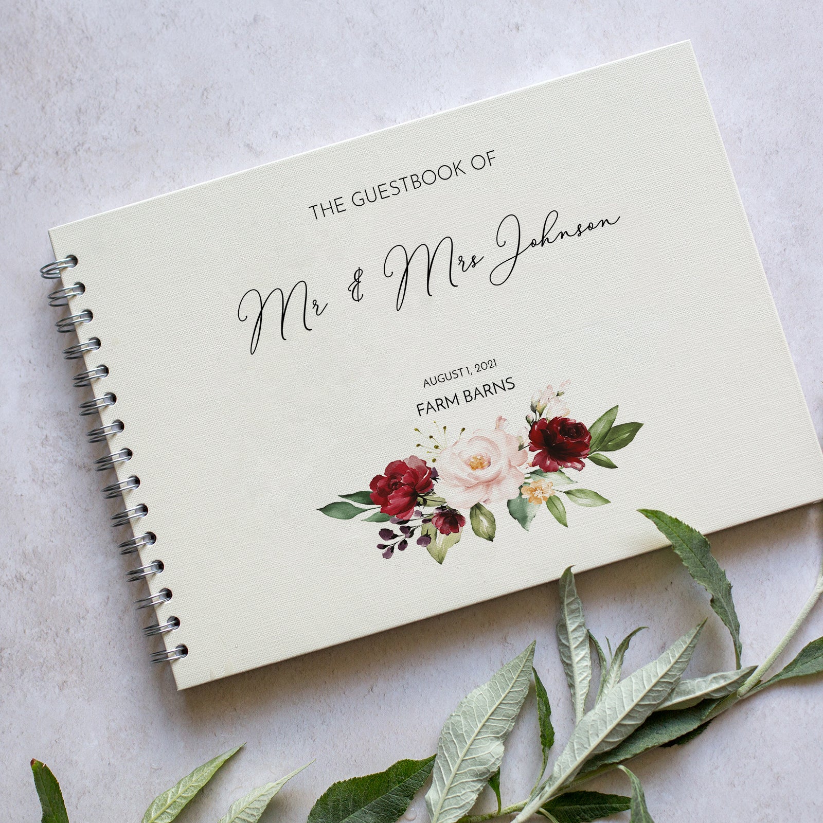 Personalised Burgundy Floral Wedding Guest Book