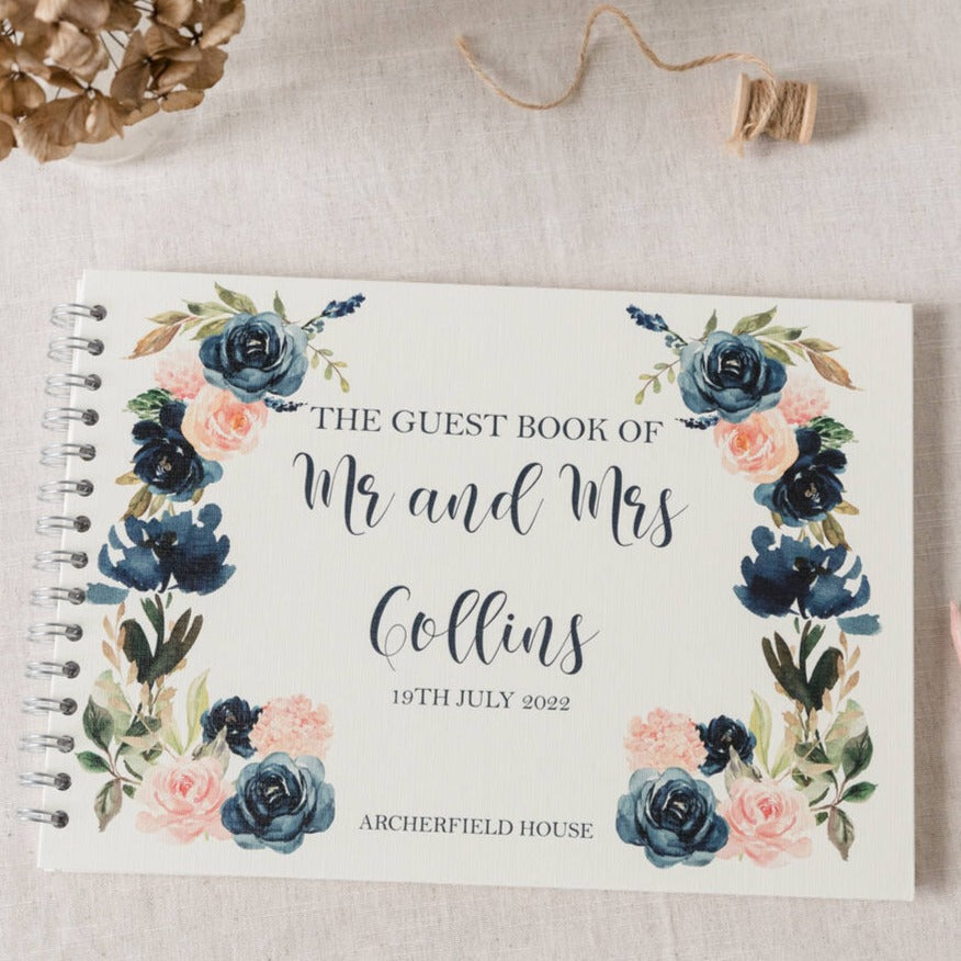 Blush Pink And Navy Roses Wedding Guest Book