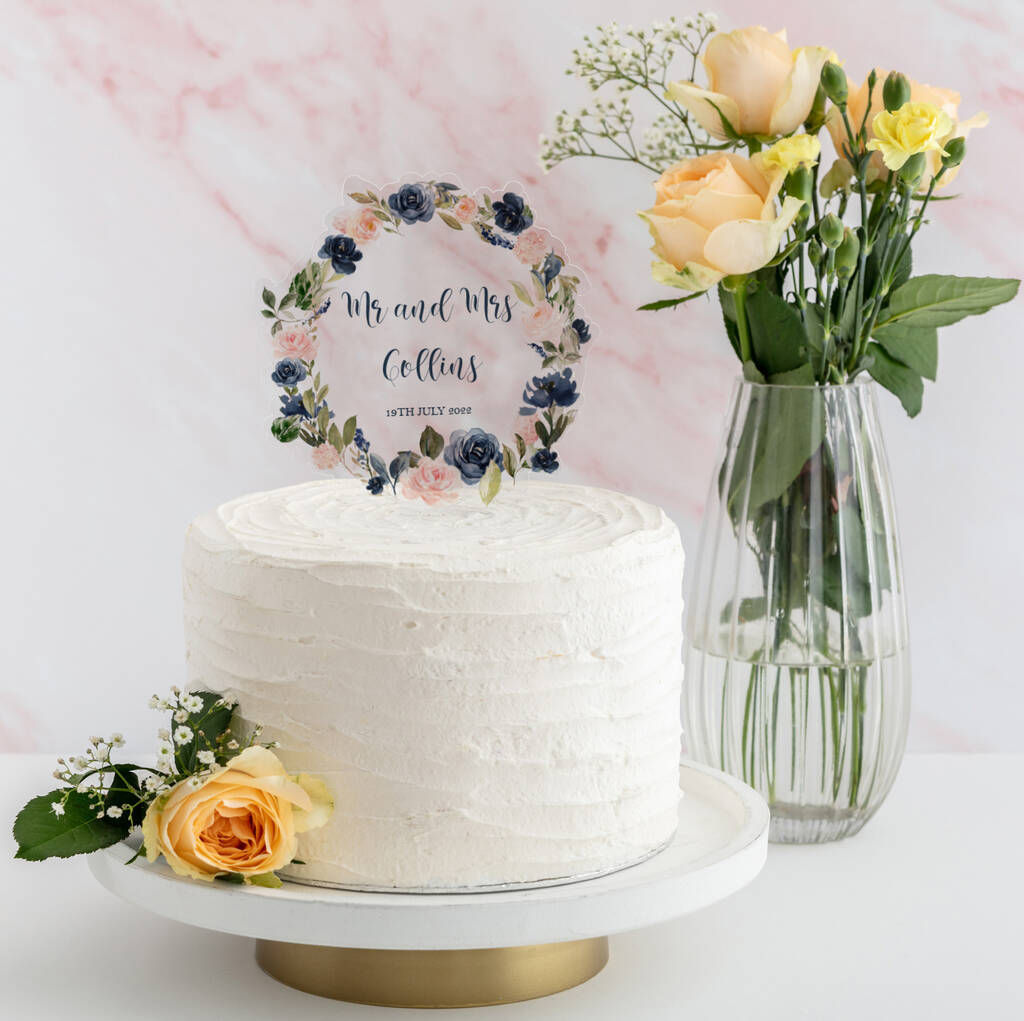 Blush Pink And Navy Roses Wedding Wreath Cake Topper