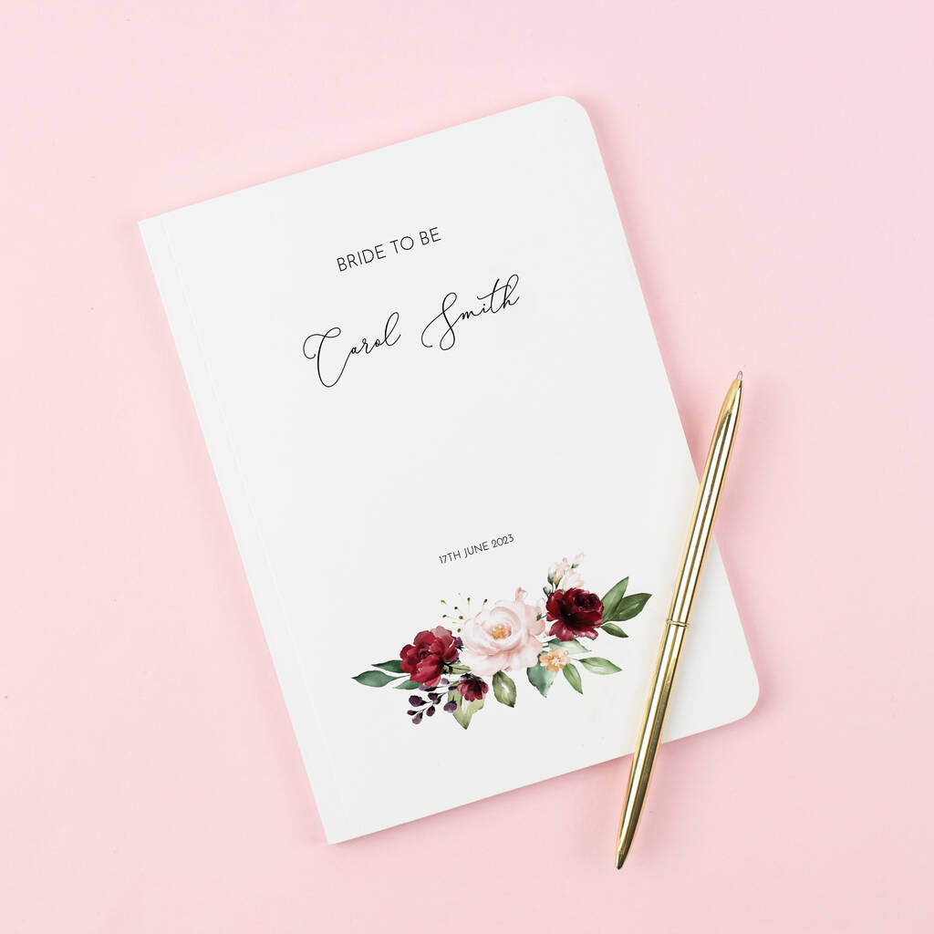 Bride To Be Personalised Burgundy Flowers Notebook
