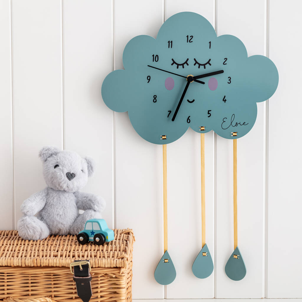 Children's Cloud And Raindrops Personalised Wall Clock