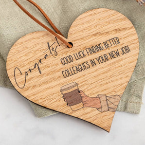 Funny Personalised New Job Oak Wood Heart Token