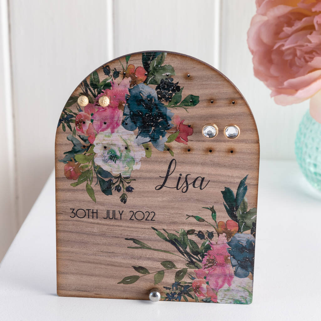 Personalised Hydrangea And Roses Arched Earring Storage