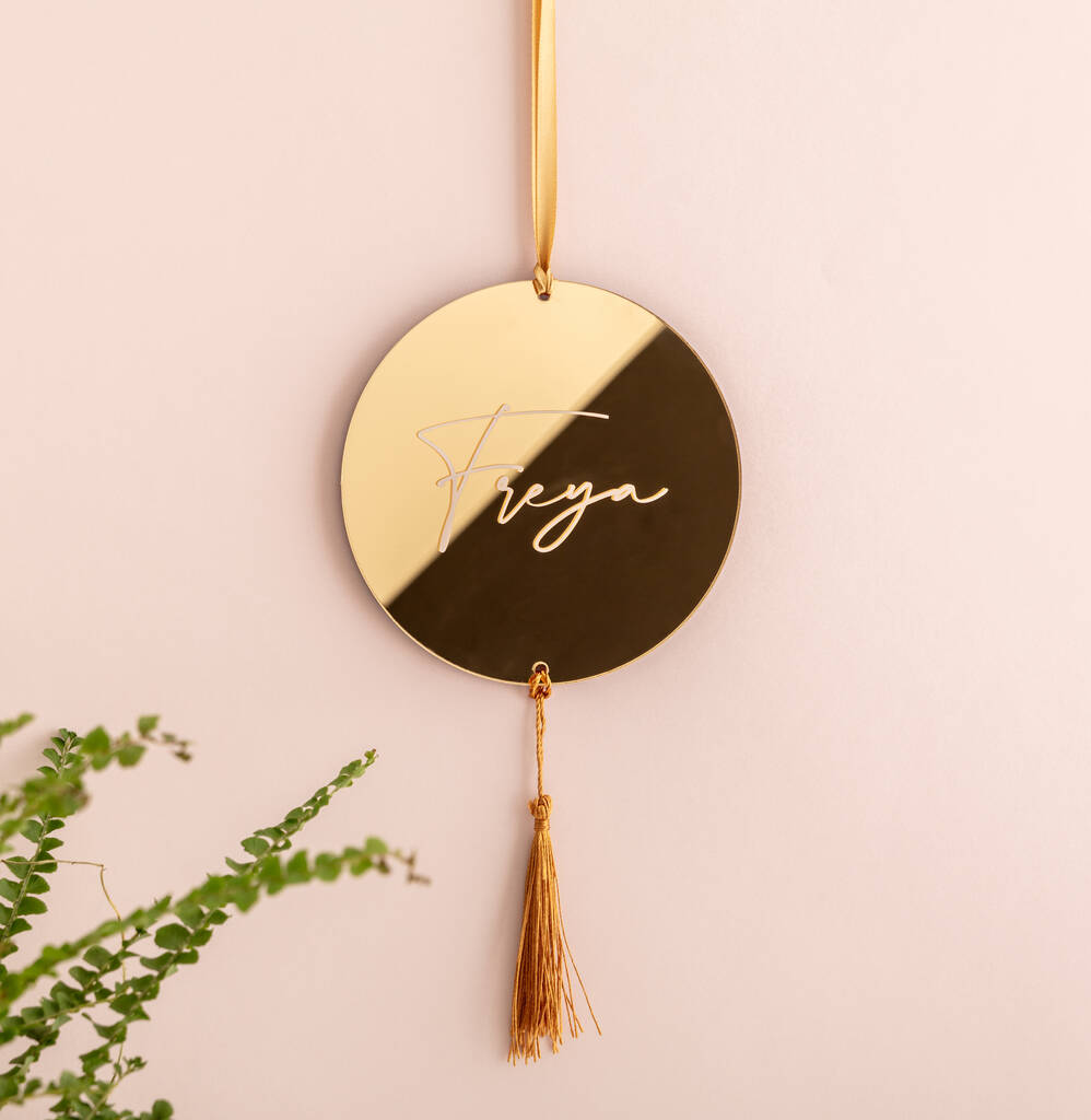 Personalised Mirror Gold Mini Wall Hanging With Tassel