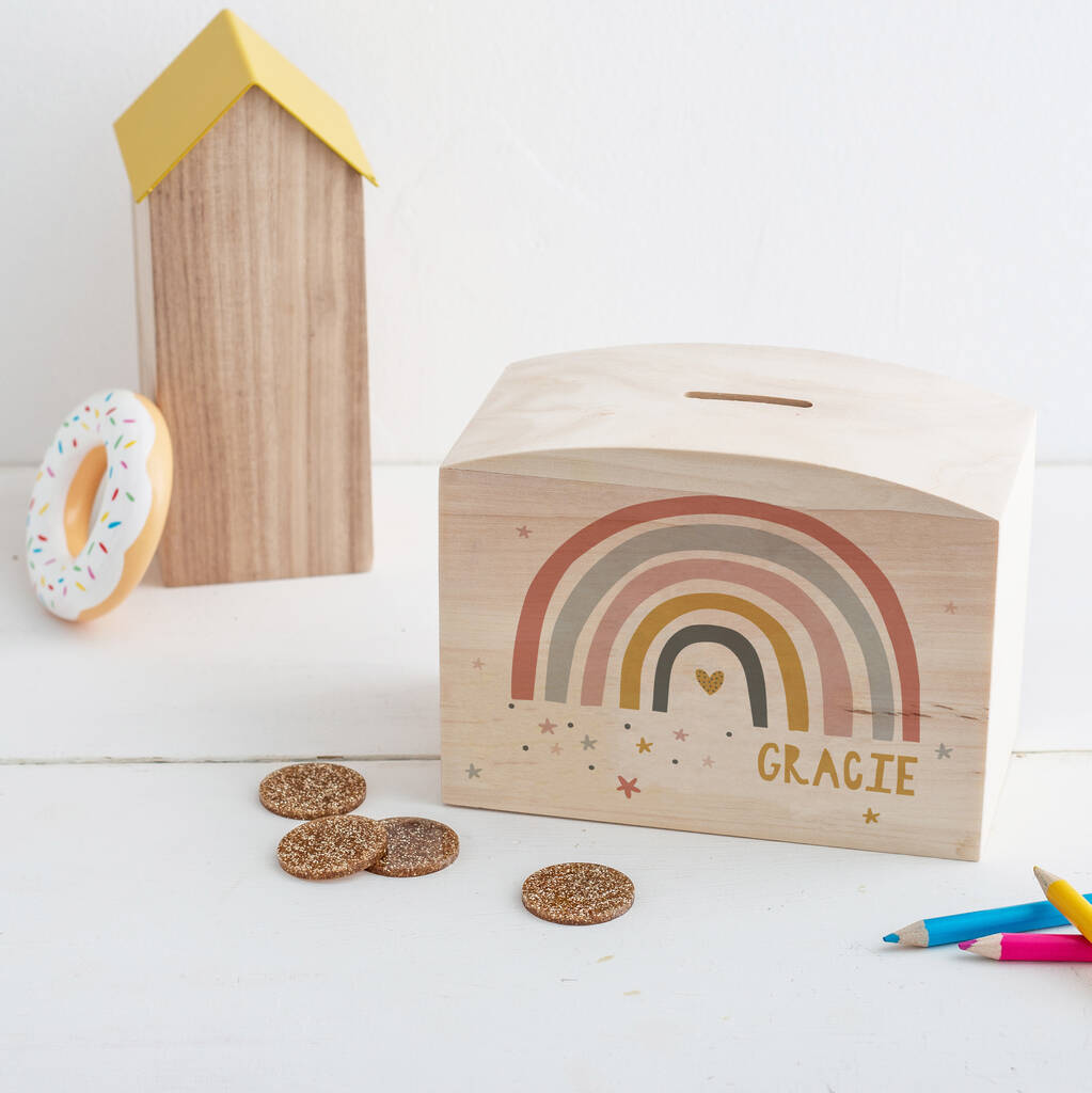Wooden Personalised Modern Earth Rainbow Money Pot Piggy Bank - Funky Laser