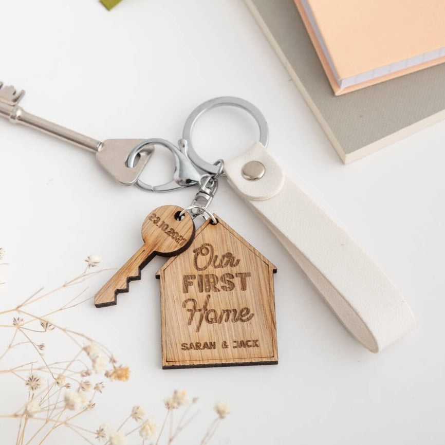 Personalised House And Mini Key Tag Oak Wood Keyring