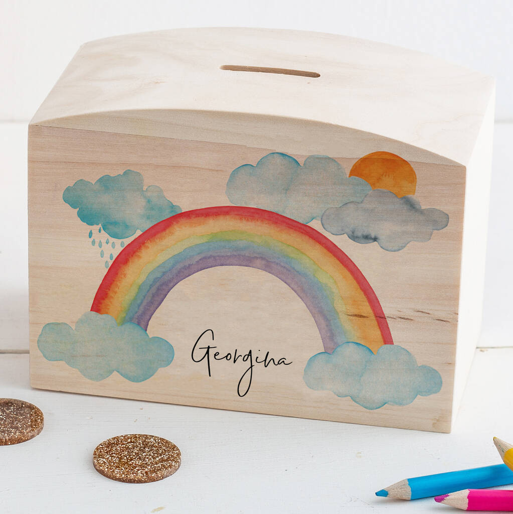 Personalised Wooden Rainbow And Clouds Money Pot Piggy Bank - Funky Laser