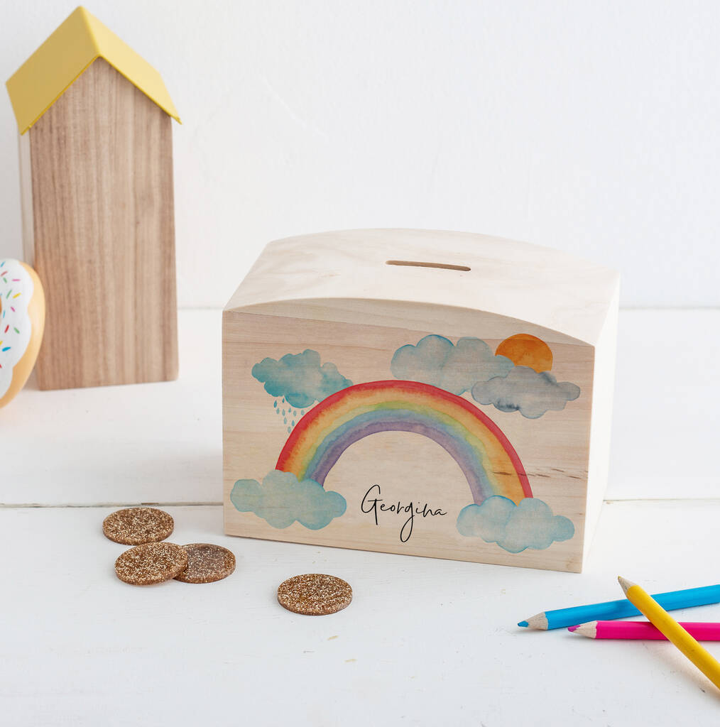 Personalised Wooden Rainbow And Clouds Money Pot Piggy Bank - Funky Laser