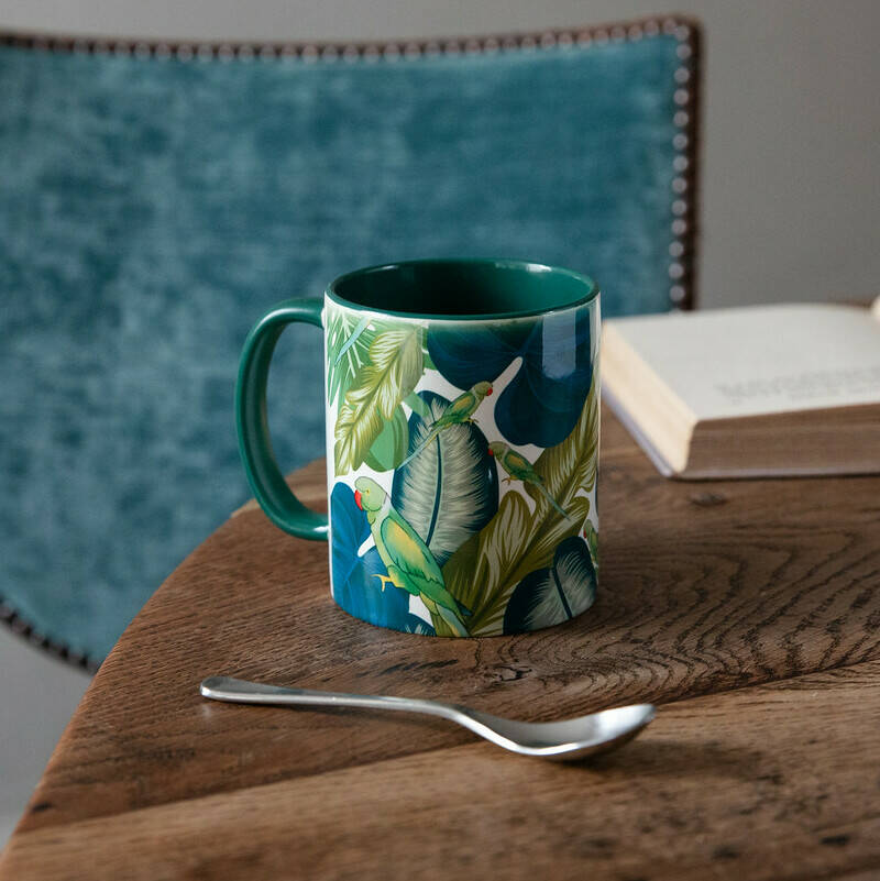 Colourful Tropical Leaf Parakeet Ceramic Coffee Mug
