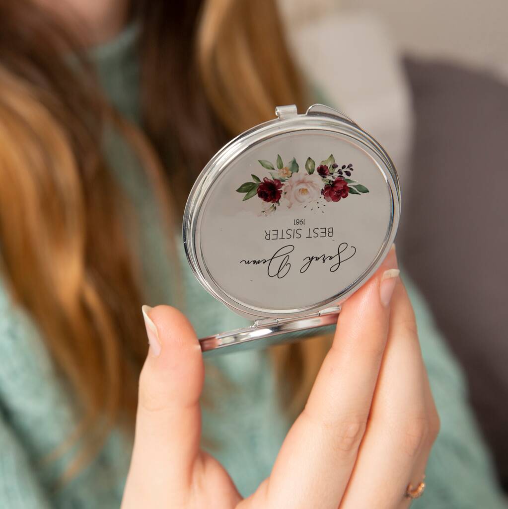 Personalised Burgundy Floral Pocket Mirror